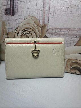 Cream Leather Women’s Wallet with Gold-Tone Clasp and Coral Trim